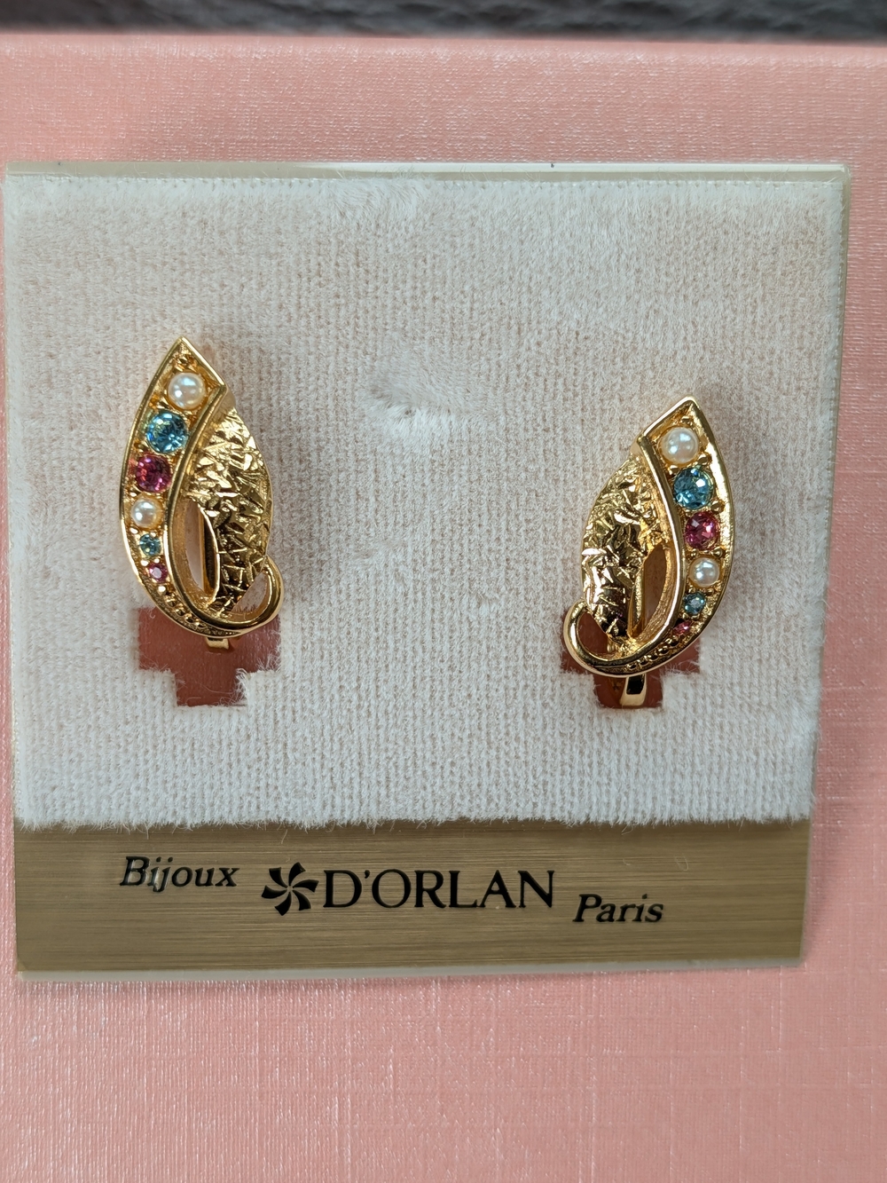 D'ORLAN Gold-Tone Multi Stone Teardrop Clip Earrings - Pink & Blue Accents